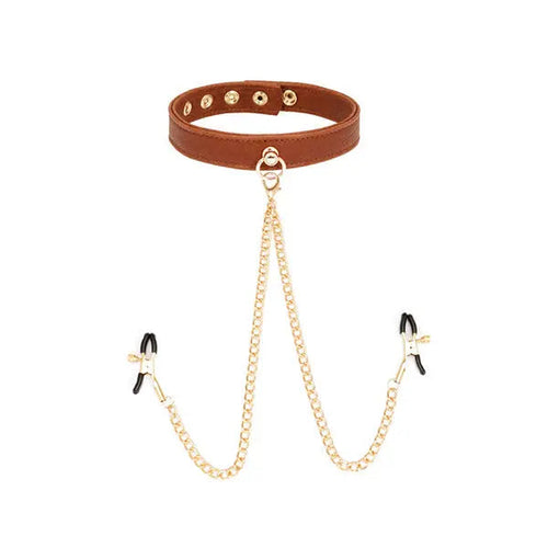 LacyMate™ Brown Leather Collar & Nipple Clamps Lavah Intimates