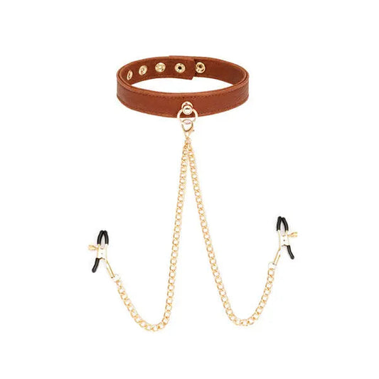 LacyMate™ Brown Leather Collar & Nipple Clamps Lavah Intimates